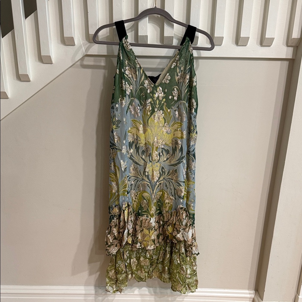 Anthropologie Green & Blue Floral Slip Maxi Dress